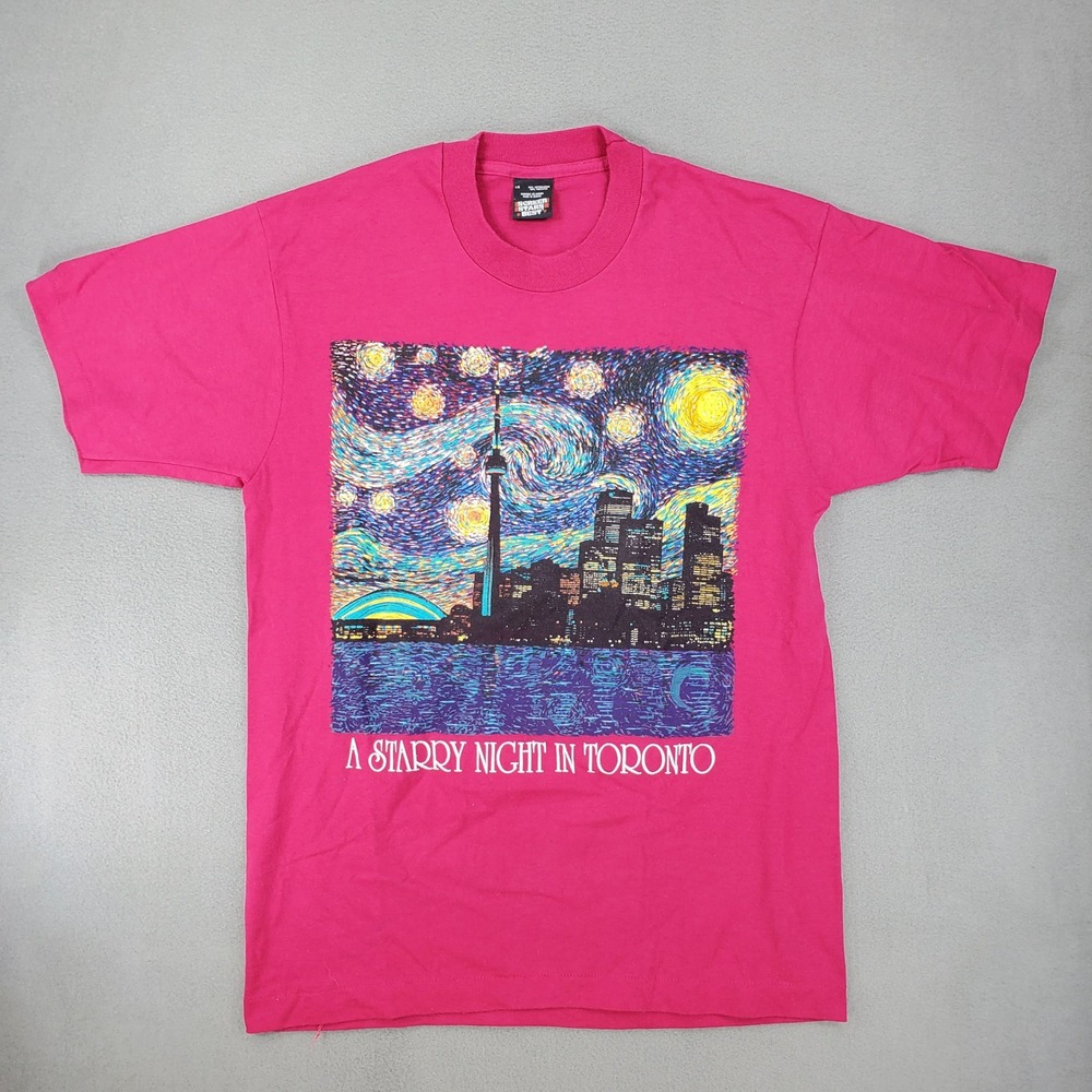 Screen Stars Best T-Shirt Sz L Pink Starry Night In Toronto VTG 90s Canada Gogh